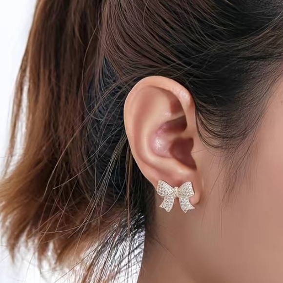 Sparkling Diamond Bow Stud Earrings - Picture 3 of 4